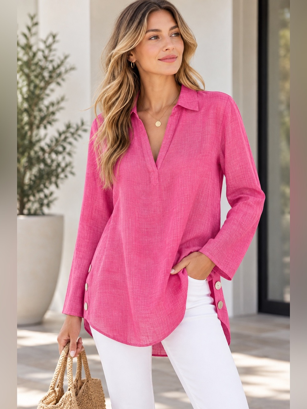 Tahari 100% Linen Pink Tunic Top Size XL Button Side Resort Coastal